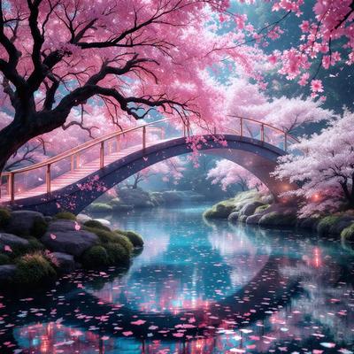 The primary subject of the image is a bridge with a pinkish hue, surrounded by a beautiful landscape featuring a river, trees, and flowers. The setting is a serene, picturesque environment with a peaceful atmosphere. The visual style is a digital art or illustration, creating a vibrant and lively scene. The colors and mood are predominantly pink, which adds a sense of warmth and tranquility to the image.